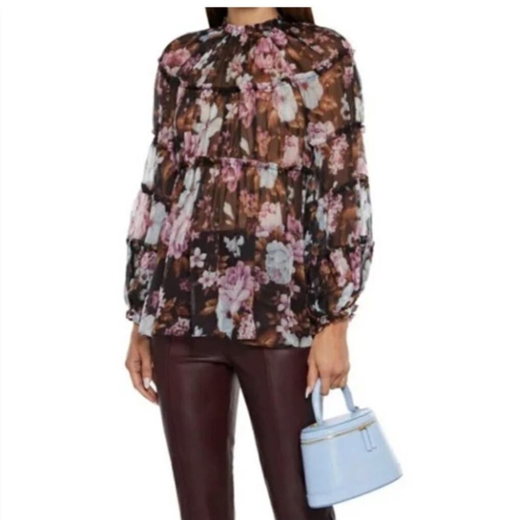 OPT One Pretty Time Ruffle Long Sleeve Swing Top Dark Floral Print S